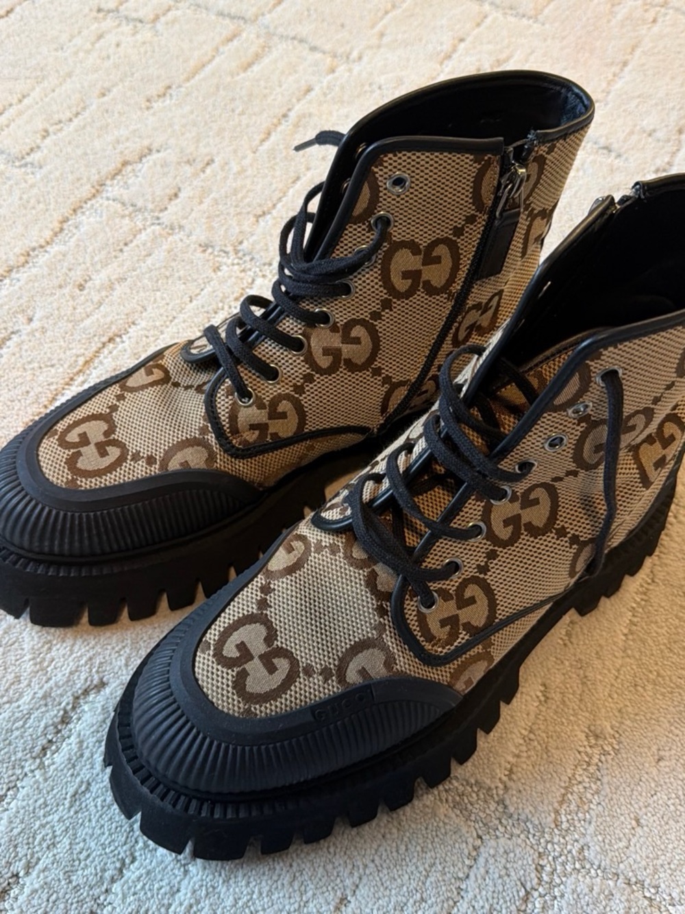 Authentic Gucci Designer Men's High-Top Logo Combat Boots in Beige and Brown